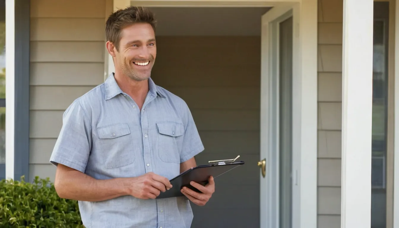 A friendly pest control provider talking with a homeowner at a front door in Mentor